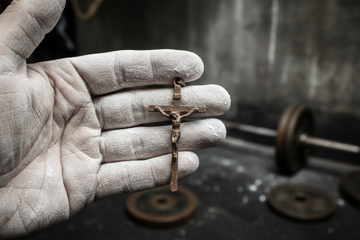 A darker and grimy looking gym background, a closer up shot of the pendant and add jesus christ on the cross