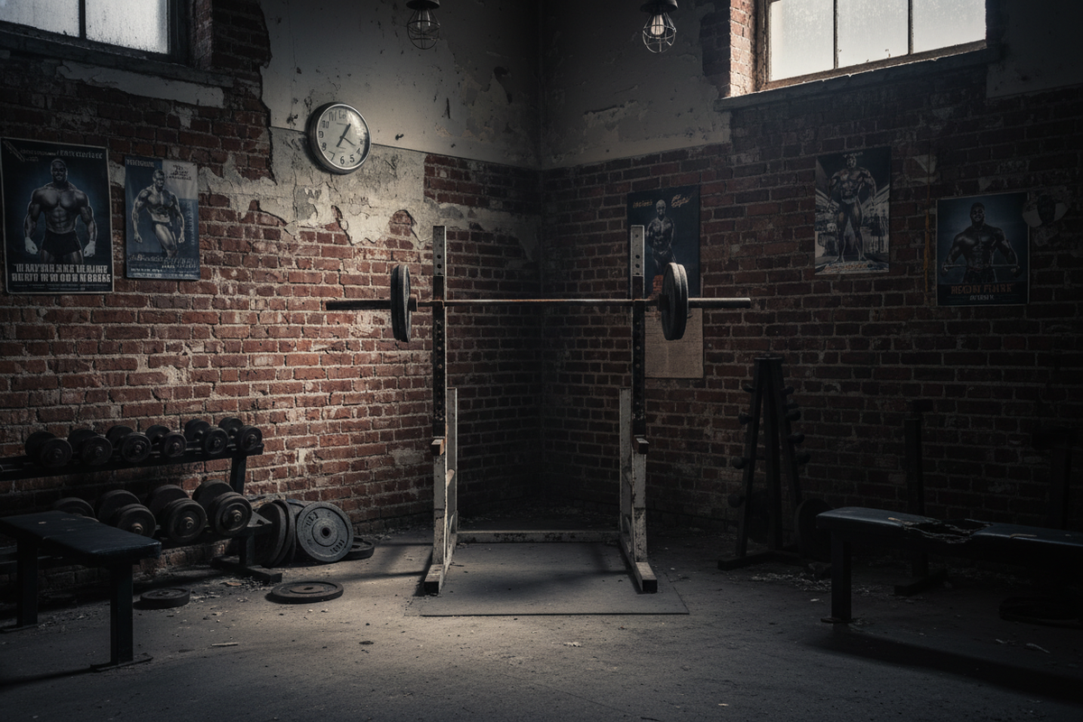 Dim gym corner, empty barbell, symbolic of lost discipline.
Old fashion looking gym, similar to dorian yates' gym in Birmingham.