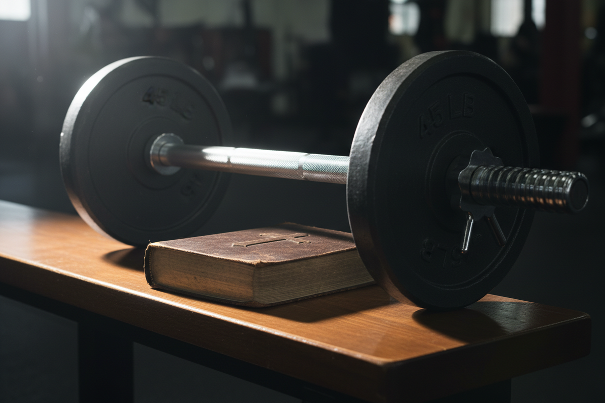 idea: A Bible next to a barbell, strong lighting contrast.