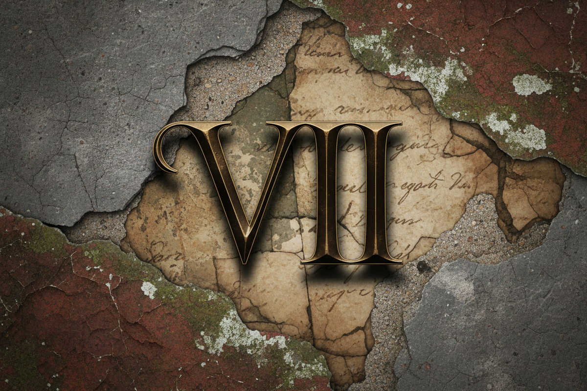 Roman numeral VII stylised over a rough texture.